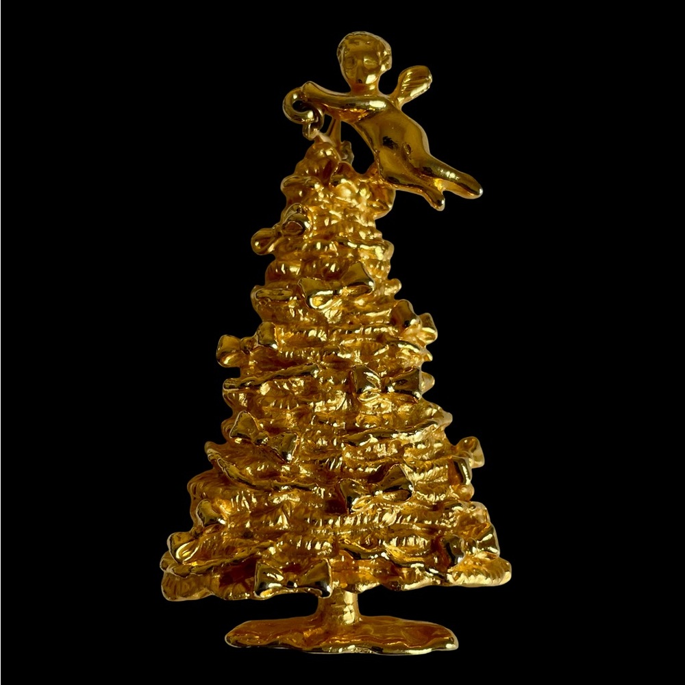 Vintage 1980s Signed Ajc Goldtone Christmas Tree Brooch With Cherub Hanging Star